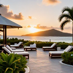 Caribbean Holidays, July Spa Breaks, Elegant Caribbean resort terrace at sunset in the British Virgin Islands, with comfortable loungers, tropical plants and a view over the sea