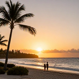 Caribbean Holidays, July Spa Breaks, Golden sunset over a Barbados beach near a stylish spa resort, with palm silhouettes, gentle waves and a couple walking along the shore