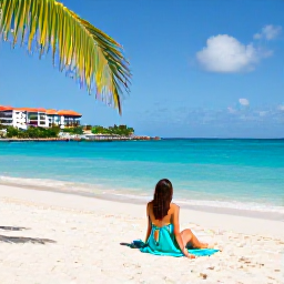 Caribbean Holidays, July Spa Breaks, Happy traveller enjoying a quiet morning on a British Virgin Islands beach, with a wellness hotel, palms and clear blue Caribbean sea