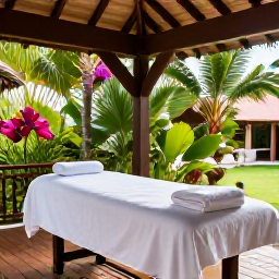Caribbean Holidays, July Spa Breaks, Peaceful open-air spa pavilion in Barbados surrounded by tropical greenery, with massage table, white towels and gentle natural light