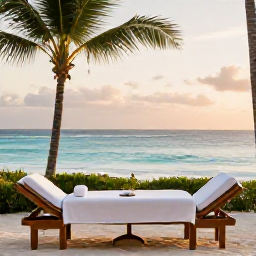 Caribbean Holidays, July Spa Breaks, Relaxing beachfront spa treatment at a luxury Barbados resort in July, with palm trees, calm turquoise sea and soft morning light