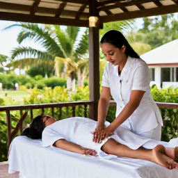 Caribbean Holidays, July Spa Breaks, Spa therapist giving a soothing massage in an open-air treatment pavilion surrounded by tropical greenery on Tortola