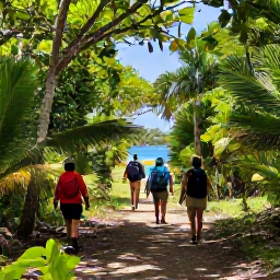 Caribbean Holidays, July Tours, A guided walk through the lush tropical forest of Virgin Islands National Park, with hikers on a shaded path near the coast