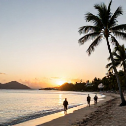 Caribbean Holidays, July Tours, A relaxed Caribbean beach at sunset in the United States Virgin Islands, with palm trees, calm water and a couple walking along the sand