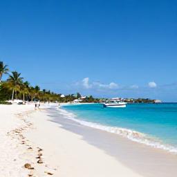 Caribbean Holidays, July Tours, Bright Caribbean beach on Saint Martin in July, turquoise water, white sand, palm trees and a small tour boat