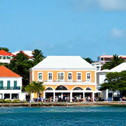 Caribbean Holidays, July Tours, Colourful waterfront streets and a historic Danish colonial building in Charlotte Amalie, St Thomas, with visitors browsing local shops