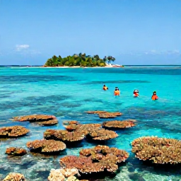 Caribbean Holidays, July Tours, Visitors snorkelling above a colourful coral reef in clear Caribbean water beside a small tropical island