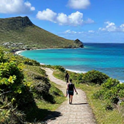 Caribbean Holidays, July Walking Holidays, A coastal walking trail overlooking turquoise water and green hills on Saint Barth&eacute;lemy in July
