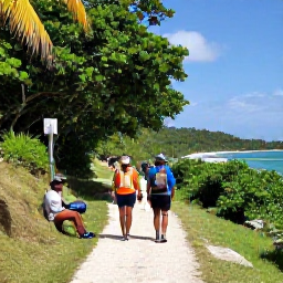 Caribbean Holidays, July Walking Holidays, A friendly walking holiday scene on Saint Kitts and Nevis with hikers resting near a beach after a tropical trail walk