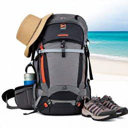 Caribbean Holidays, July Walking Holidays, A neatly prepared walking holiday daypack with water bottle, hat, sunscreen and comfortable walking shoes beside a Caribbean beach