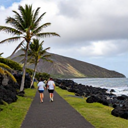 Caribbean Holidays, July Walking Holidays, A peaceful coastal trail near the sea on Nevis, with volcanic hills, palm trees and a small group enjoying a gentle walk