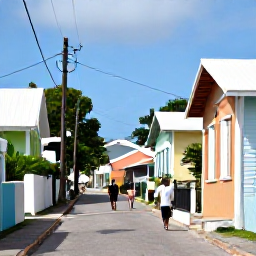 Caribbean Holidays, July Walking Holidays, A quiet Caribbean village street with colourful houses, local people and walkers exploring in warm July weather
