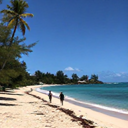 Caribbean Holidays, July Walking Holidays, A quiet sandy beach at Maho Bay on Saint John, with walkers near the shoreline, calm turquoise sea and tropical vegetation