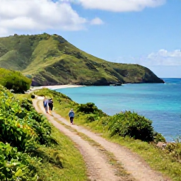 Caribbean Holidays, July Walking Holidays, A scenic coastal walking trail on Saint Kitts with green hills, blue Caribbean water and walkers exploring in warm July sunshine