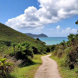 Caribbean Holidays, July Walking Holidays, A scenic coastal walking trail on Tortola in the British Virgin Islands during July, with green hills, turquoise sea and scattered white clouds