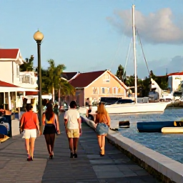 Caribbean Holidays, July Walking Holidays, Colourful Gustavia harbour with walkers exploring nearby streets and waterfront in warm July sunshine
