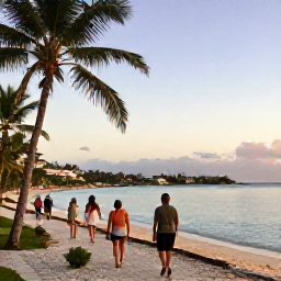 Caribbean Holidays, July Walking Holidays, Early morning walkers following a palm-lined beach on Saint Martin, with calm Caribbean water and soft sunlight