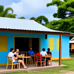 Caribbean Holidays, July Walking Holidays, Friendly travellers resting at a small Trinidad and Tobago village caf&eacute; after a tropical walk, with colourful buildings and local food