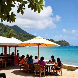 Caribbean Holidays, July Walking Holidays, Friendly walkers relaxing at a waterfront caf&eacute; in Saint Vincent and the Grenadines after a tropical island hike