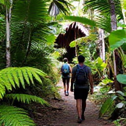 Caribbean Holidays, July Walking Holidays, Hikers following a shaded rainforest path with tropical plants, ferns and soft sunlight on a Caribbean island
