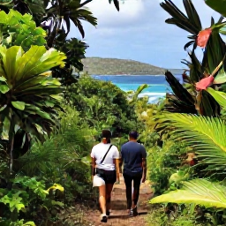 Caribbean Holidays, July Walking Holidays, Hikers following a tropical trail through lush vegetation on Tortola, British Virgin Islands, with glimpses of the Caribbean Sea