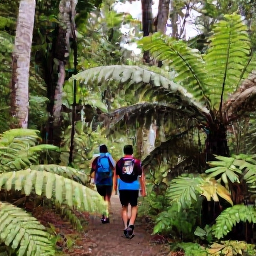 Caribbean Holidays, July Walking Holidays, Hikers walking through a lush tropical rainforest trail on Saint Vincent, with ferns, tall trees and soft July daylight