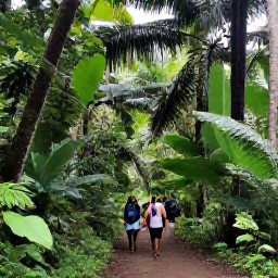 Caribbean Holidays, July Walking Holidays, Lush tropical rainforest trail in Trinidad with hikers walking beneath tall palms and broad-leaved trees in soft July daylight