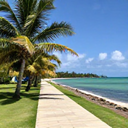 Caribbean Holidays, July Walking Holidays, Quiet coastal walking path beside a turquoise sea on Tobago, with low palms, sandy beach and blue sky