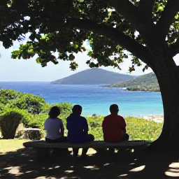 Caribbean Holidays, July Walking Holidays, Travellers resting at a shaded Caribbean viewpoint after a walk, looking across the British Virgin Islands in warm July sunshine
