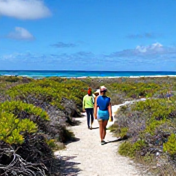 Caribbean Holidays, July Walking Holidays, Walkers exploring a peaceful nature trail through coastal scrub on Providenciales, with native plants and blue water in the distance