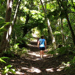 Caribbean Holidays, July Walking Holidays, Walkers exploring a shaded tropical forest trail in Virgin Islands National Park, with native trees, rocky ground and filtered sunlight