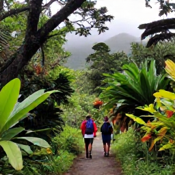 Caribbean Holidays, July Walking Holidays, Walkers following a forest path on Mount Liamuiga, surrounded by lush tropical plants and misty mountain scenery on Saint Kitts