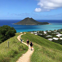 Caribbean Holidays, July Walking Holidays, Walkers on a green hillside trail overlooking Saint Martin and neighbouring islands in the Caribbean