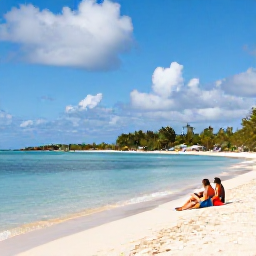 Caribbean Holidays, July Walking Holidays, Walkers resting on a Caribbean beach beside calm turquoise water, with light clouds and tropical vegetation in July