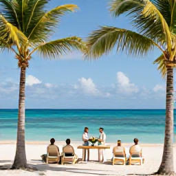 Caribbean Holidays, July Weddings, A couple and their guests enjoying a sunny Grand Cayman beach, palm trees, calm turquoise water and a relaxed tropical holiday atmosphere