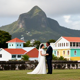 Caribbean Holidays, July Weddings, A couple exploring Basseterre and the historic Brimstone Hill Fortress after their wedding, with colourful Caribbean buildings and mountain scenery
