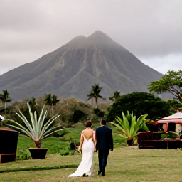 Caribbean Holidays, July Weddings, A couple exploring Montserrat after their wedding, walking through lush countryside with volcanic peaks and tropical vegetation