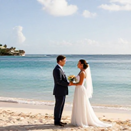 Caribbean Holidays, July Weddings, A happy couple exchanging wedding vows beside a calm Caribbean sea on a sandy beach in Saint Martin, July sunshine