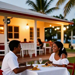 Caribbean Holidays, July Weddings, A happy newlywed couple dining outdoors at a small Caribbean restaurant on Nevis, with warm evening lighting and palm trees