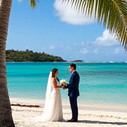 Caribbean Holidays, July Weddings, A joyful beach wedding in the United States Virgin Islands in July, with a couple exchanging vows beside turquoise sea, white sand and gentle palm trees