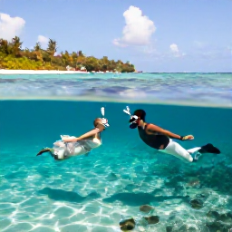 Caribbean Holidays, July Weddings, A newly married couple snorkelling in clear Cayman Islands water with colourful fish and a sunny tropical coastline in the background