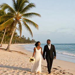 Caribbean Holidays, July Weddings, A newly married couple walking along a palm-fringed beach in Trinidad and Tobago during a warm July afternoon