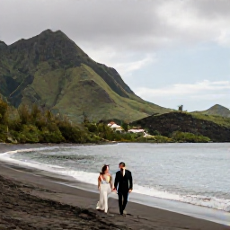 Caribbean Holidays, July Weddings, A newly married couple walking beside a quiet black-sand beach on Montserrat in July, with green volcanic hills and calm Caribbean water