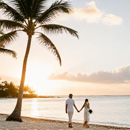 Caribbean Holidays, July Weddings, A newlywed couple walking along a palm-fringed beach in Saint Kitts at sunset, with calm sea and soft golden light