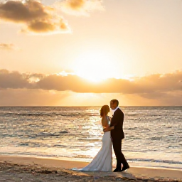 Caribbean Holidays, July Weddings, A romantic sunset wedding portrait on Grand Cayman beach, with the newly married couple walking along the shoreline and warm evening light