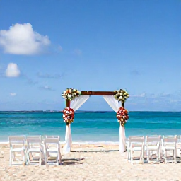 Caribbean Holidays, July Weddings, A tropical Saint Kitts wedding ceremony beside the sea in July, with simple white chairs, flowers and a sunny blue sky