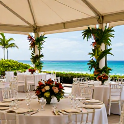 Caribbean Holidays, July Weddings, An elegant outdoor wedding reception at a Caribbean resort in Saint Kitts, with tropical plants, neatly dressed tables and ocean views