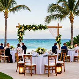 Caribbean Holidays, July Weddings, An elegant outdoor wedding reception in Grand Cayman with tropical table decorations, lanterns, palm trees and guests dining near the sea