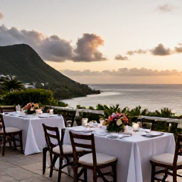 Caribbean Holidays, July Weddings, An intimate wedding reception on a Montserrat terrace at sunset, with tropical flowers, simple dining tables and views across the Caribbean