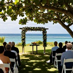 Caribbean Holidays, July Weddings, An outdoor Montserrat wedding ceremony beneath a simple floral arch overlooking the Caribbean, with guests seated in the shade